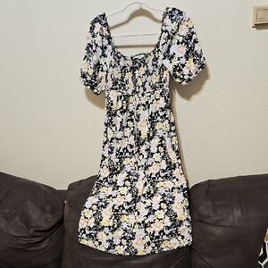 Smocked Puff-Sleeve Floral Midi Dress in Black and Multicolor